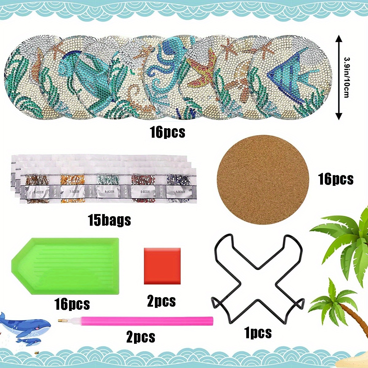 16PCS Diamond Art Coaster Set Ocean Flowers DIY Painting Kit w/ Stand Wooden Non-Slip - Image 3