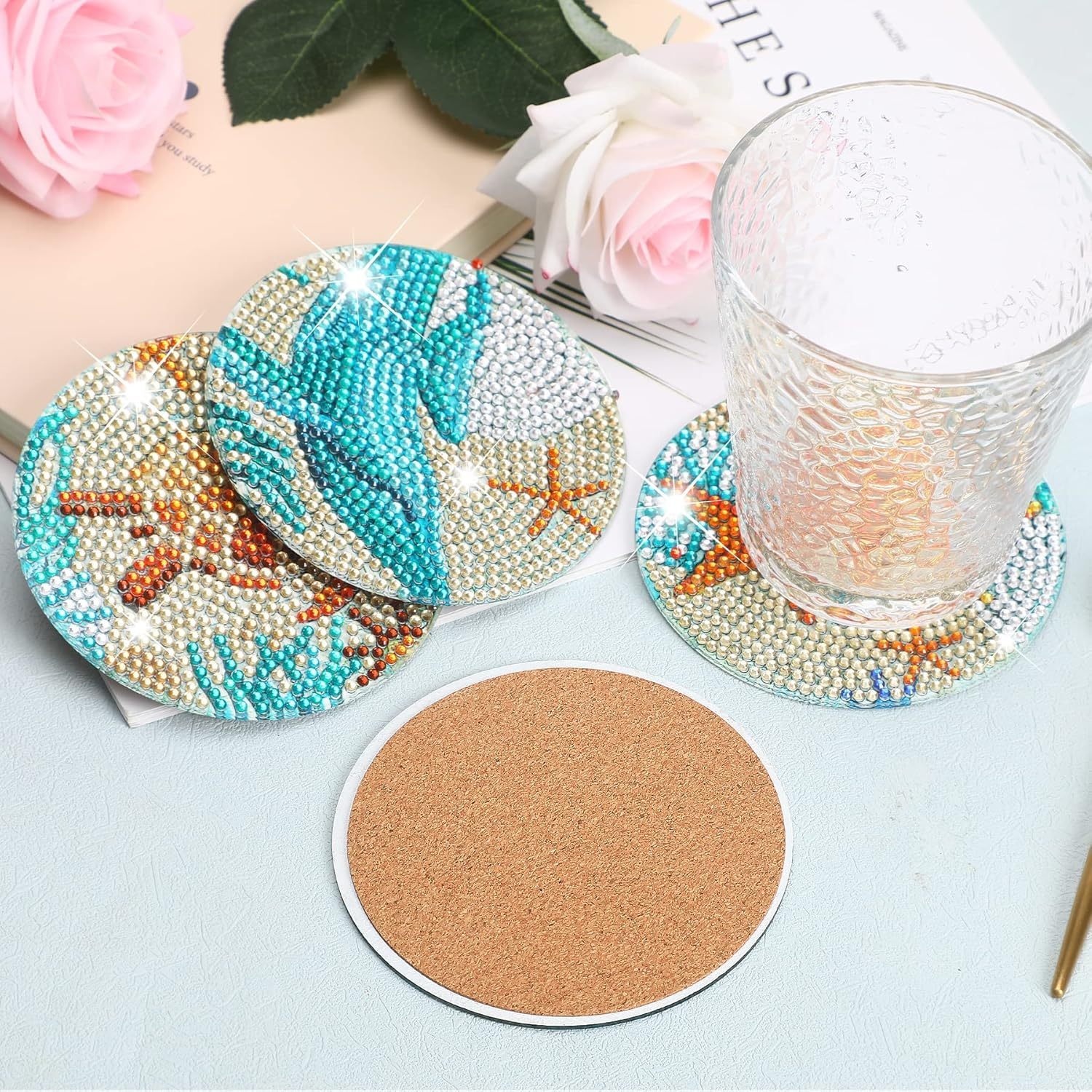16PCS Diamond Art Coaster Set Ocean Flowers DIY Painting Kit w/ Stand Wooden Non-Slip - Image 4