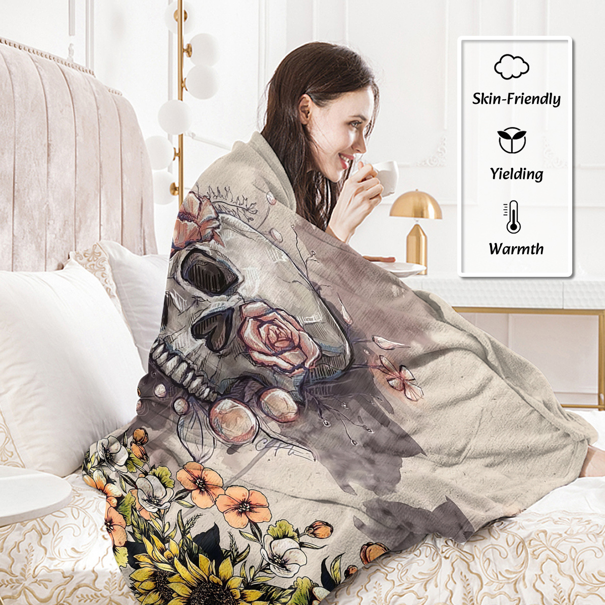 Rustic Skull Sunflower Flannel Fleece Blanket – Soft Plush Throw for Bed, Sofa, Chair, Car | Cozy Floral Skull Blanket 75x100cm, 130x150cm, 150x200cm - Image 9