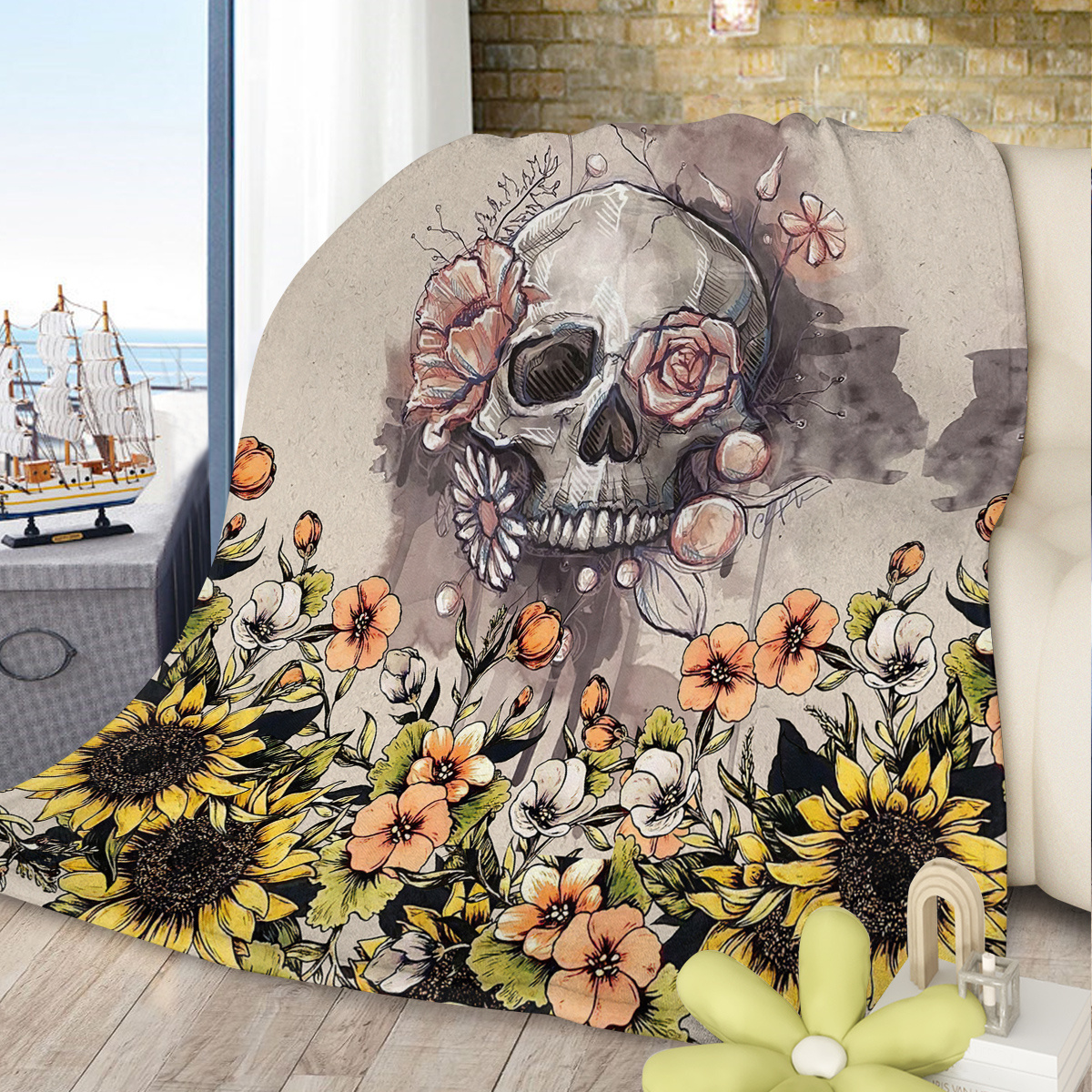 Rustic Skull Sunflower Flannel Fleece Blanket – Soft Plush Throw for Bed, Sofa, Chair, Car | Cozy Floral Skull Blanket 75x100cm, 130x150cm, 150x200cm - Image 10