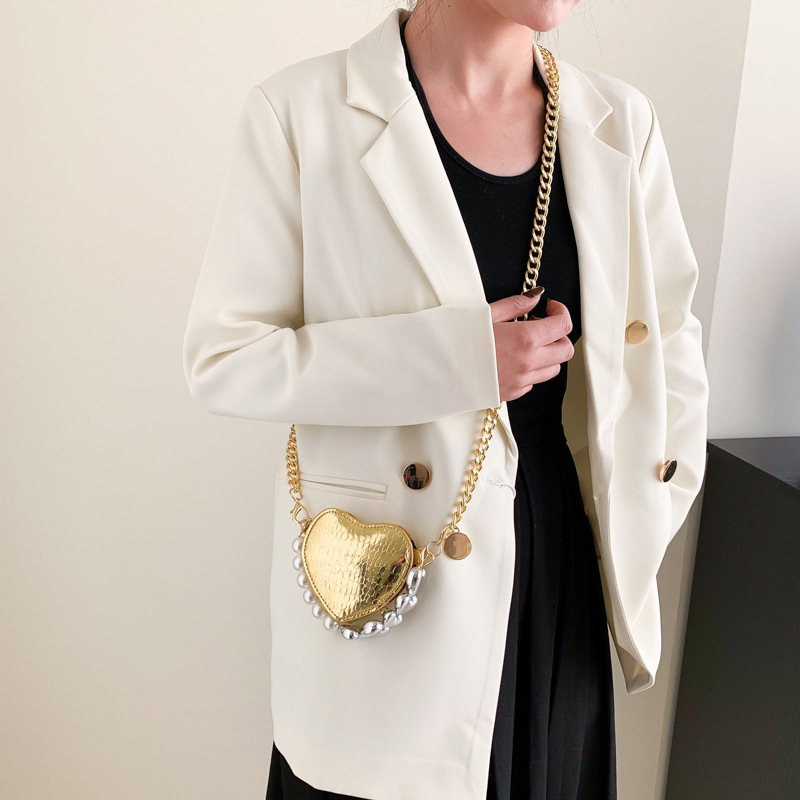 Mini Love-shape Pearls Handbag Fashion Cute Chain Lipstick Bag Women's Bright Candy Color Shoulder Messenger Bag - Image 3