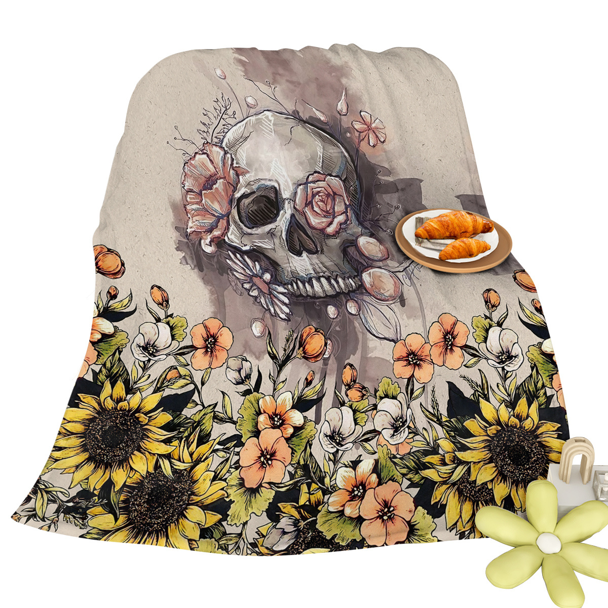 Rustic Skull Sunflower Flannel Fleece Blanket – Soft Plush Throw for Bed, Sofa, Chair, Car | Cozy Floral Skull Blanket 75x100cm, 130x150cm, 150x200cm - Image 6