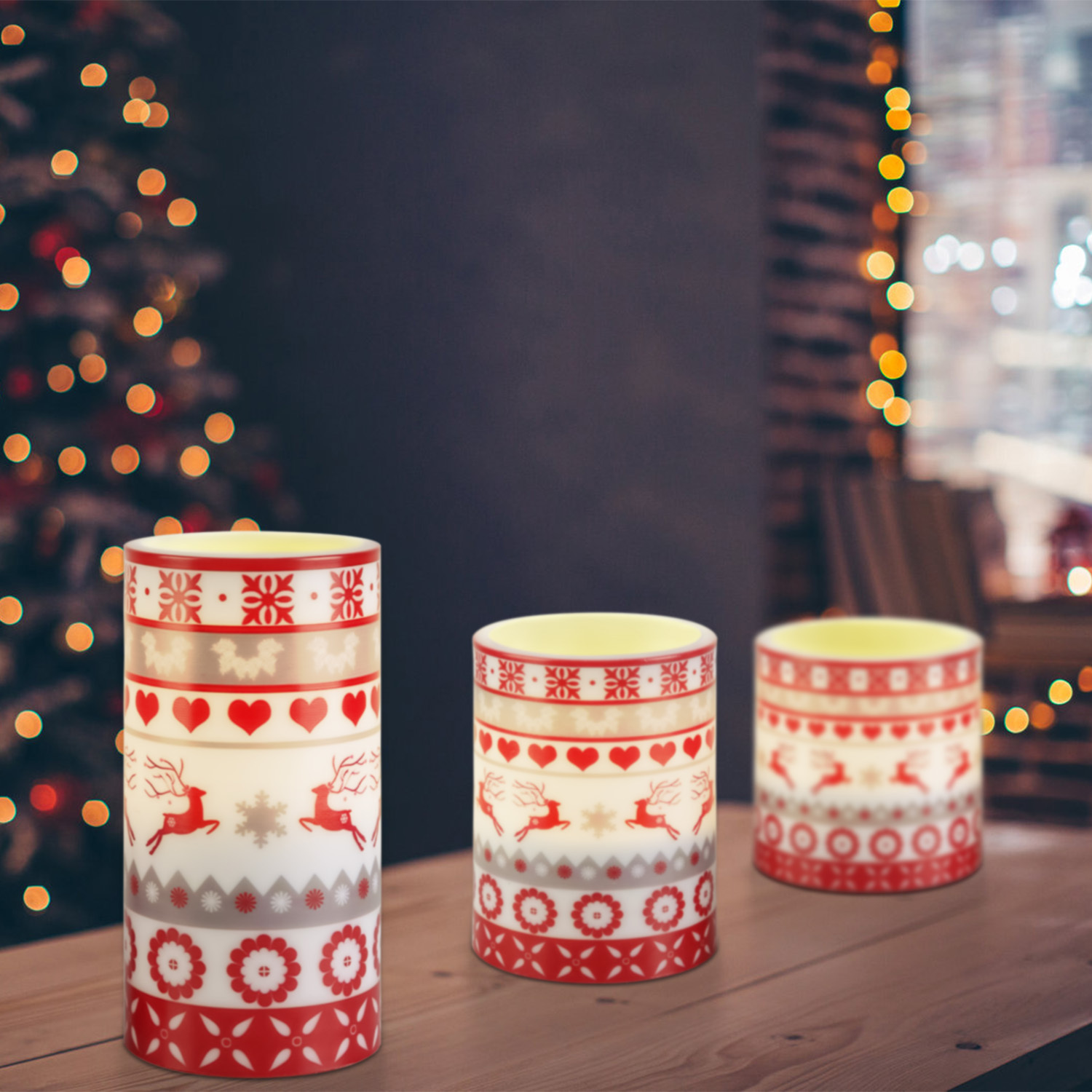 3Pack Christmas Flameless LED Pillar Candles Deer Flickering Lights w/ Remote Timer 3 Modes - Image 3
