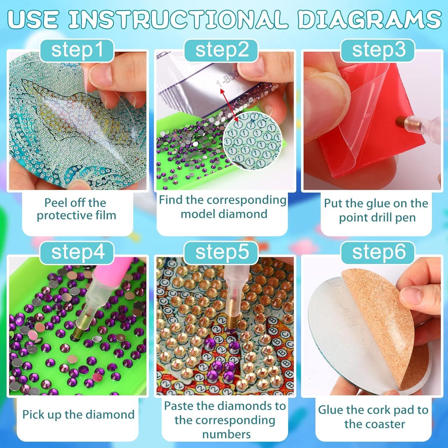 16PCS Diamond Art Coaster Set Ocean Flowers DIY Painting Kit w/ Stand Wooden Non-Slip - Image 5