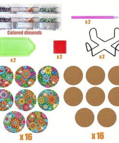 16PCS Diamond Art Coaster Set Ocean Flowers DIY Painting Kit w/ Stand Wooden Non-Slip