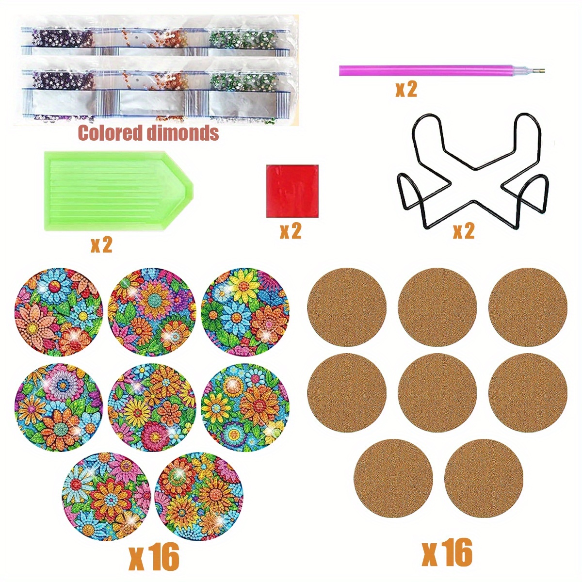 16PCS Diamond Art Coaster Set Ocean Flowers DIY Painting Kit w/ Stand Wooden Non-Slip