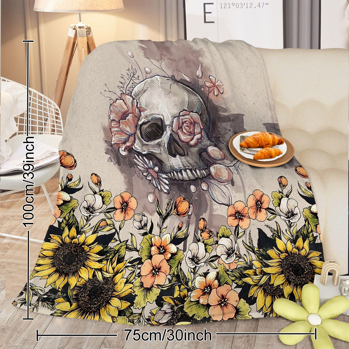 Rustic Skull Sunflower Flannel Fleece Blanket – Soft Plush Throw for Bed, Sofa, Chair, Car | Cozy Floral Skull Blanket 75x100cm, 130x150cm, 150x200cm - Image 3