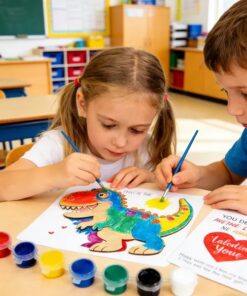 28PCS Valentineās Day Cards for Kids w/ Dinosaur Wood Painting Craft Kit Classroom Exchange Gifts