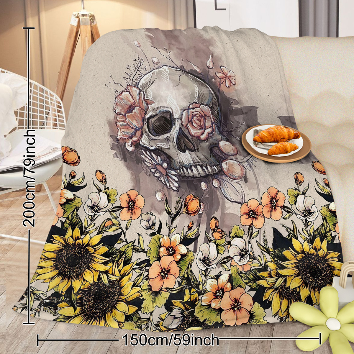 Rustic Skull Sunflower Flannel Fleece Blanket – Soft Plush Throw for Bed, Sofa, Chair, Car | Cozy Floral Skull Blanket 75x100cm, 130x150cm, 150x200cm - Image 8