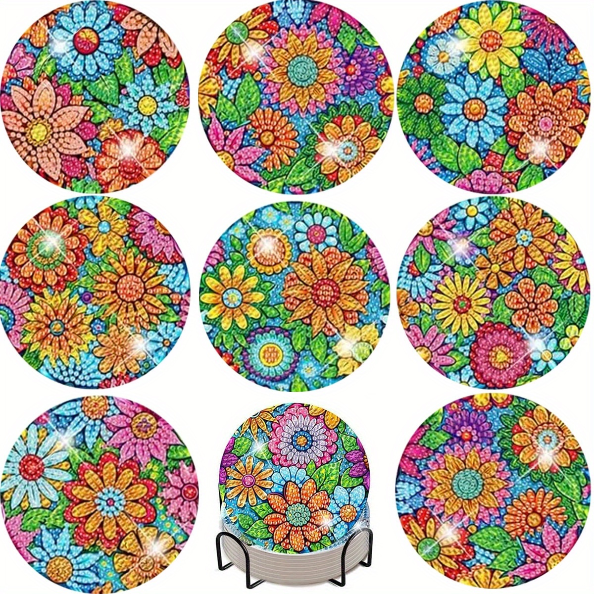16PCS Diamond Art Coaster Set Ocean Flowers DIY Painting Kit w/ Stand Wooden Non-Slip - Image 6