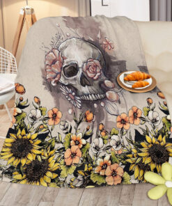 Rustic Skull Sunflower Flannel Fleece Blanket ā Soft Plush Throw for Bed, Sofa, Chair, Car | Cozy Floral Skull Blanket 75x100cm, 130x150cm, 150x200cm