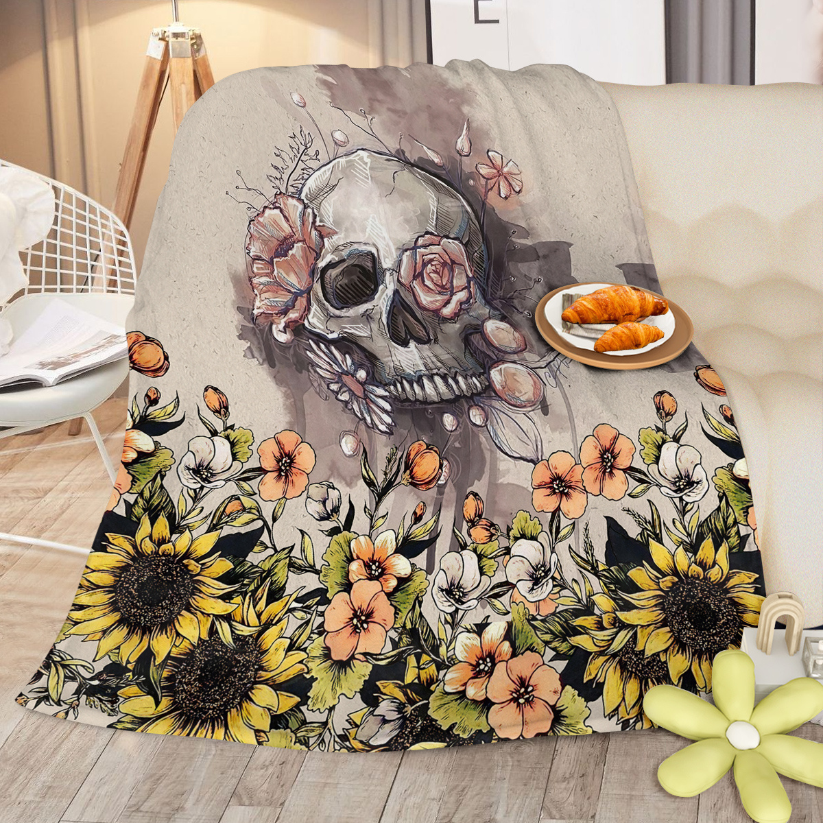 Rustic Skull Sunflower Flannel Fleece Blanket – Soft Plush Throw for Bed, Sofa, Chair, Car | Cozy Floral Skull Blanket 75x100cm, 130x150cm, 150x200cm